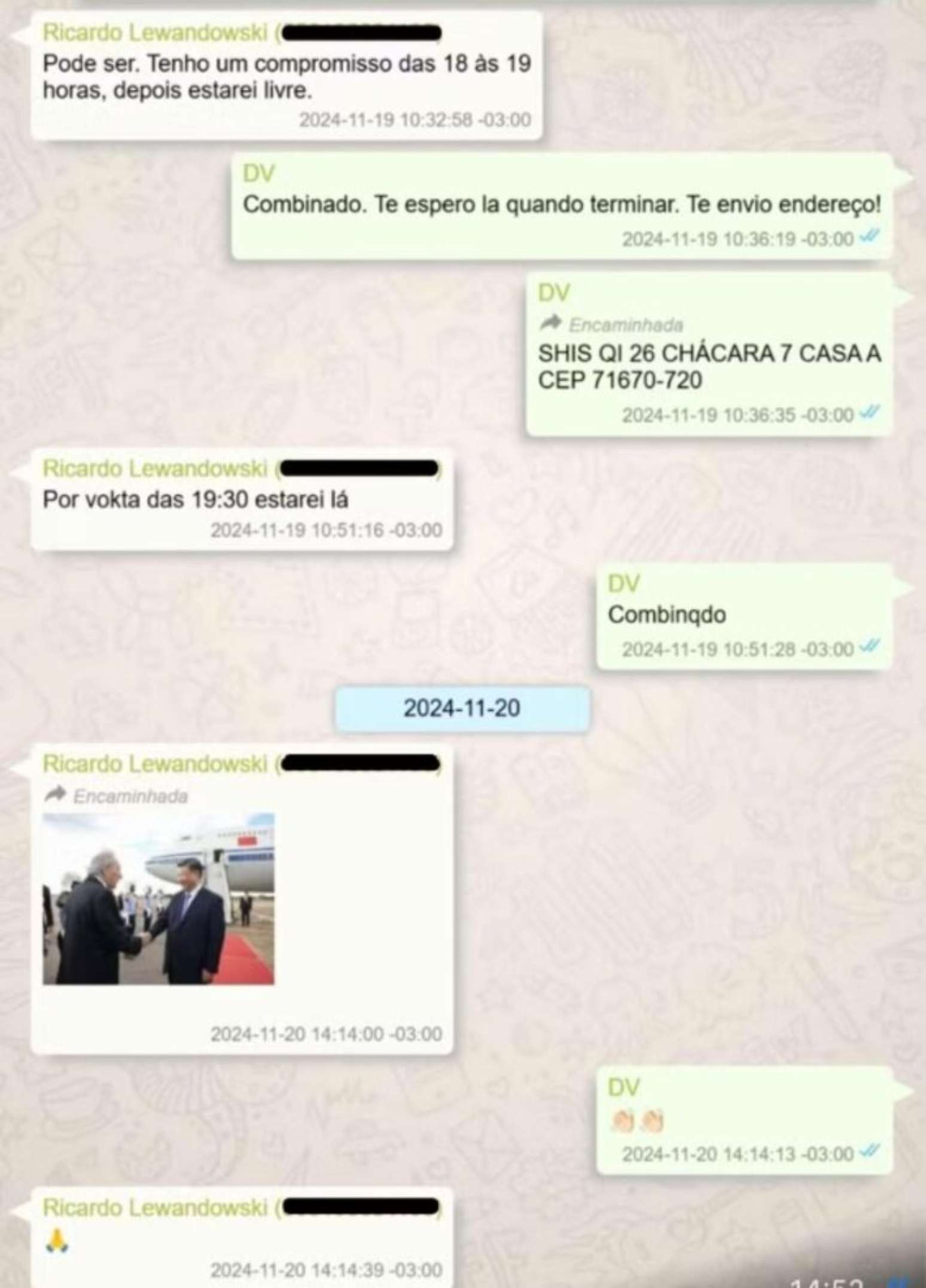 Trecho de conversa entre Vorcaro e Lewandowski em 19 de novembro de 2024.