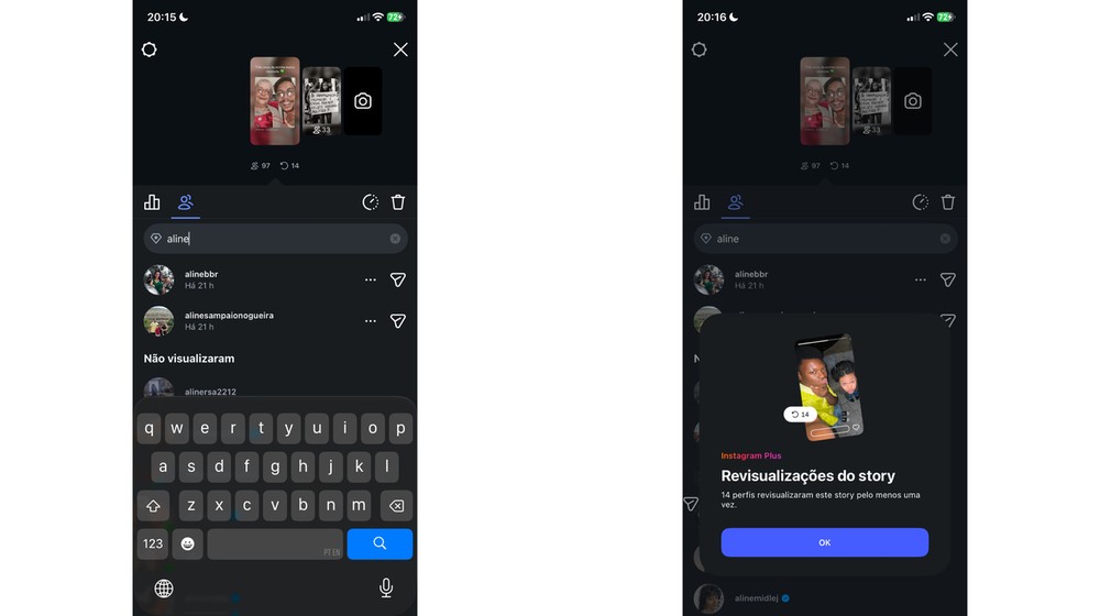 A busca localizou perfis pelo nome e o Instagram Plus informou 14 revisualizações, mas não revelou quais contas voltaram ao Story — Foto: Reprodução/Instagram