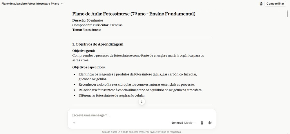 Plano de aula criado pelo Claude — Foto: Captura de tela / Eduarda Melo