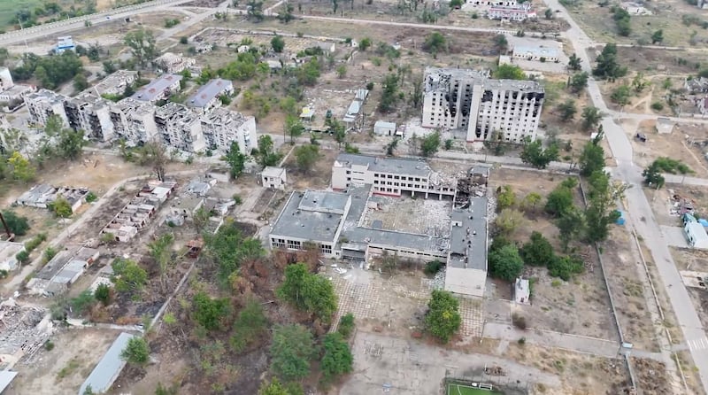 A drone view of destroyed buildings in Oleshky, Ukraine. Reuters