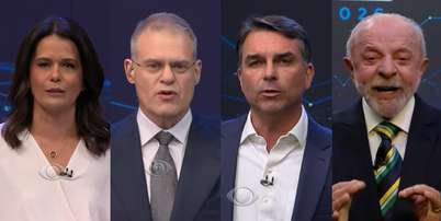 Adriana Araújo, Eduardo Oinegue, Flávio Bolsonaro e Lula: as cores transmitem mensagens Foto: Reprodução/YouTube/@bandjornalismo