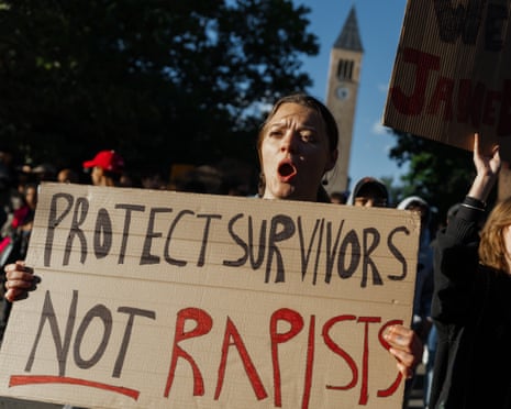 People protest against Cornell University's handling of an alleged gang-rape on campus, in Ithaca, New York, 5 October 2026.