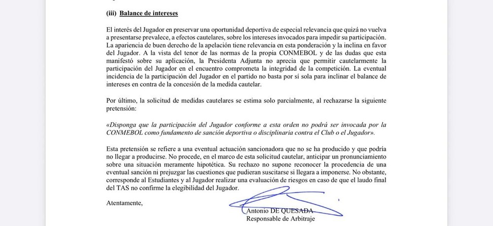 Trecho da decisão inicial do CAS sobre o caso Rojo — Foto: Reprodução
