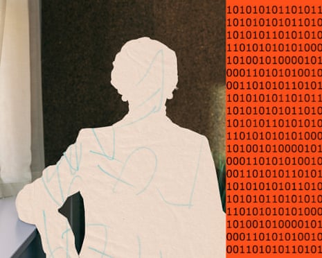 A silhouette of a woman stands beside columns of binary code
