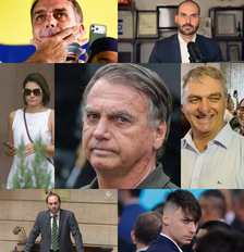 Família Bolsonaro. De cima e à esquerda em diante: Flávio, Eduardo, Michelle, Jair, Renato, Carlos e Jair Renan Foto: Wilton Junior, Reprodução, Wilton Junior, Fabio Rodrigues Pozzebom, Reprodução, Reprodução, Dida Sampaio / Estadão Conteúdo, SBT News, Estadão Conteúdo, Agência Brasil, Instagram, TV Câmara do Rio de Janeiro, Estadão Conteúdo