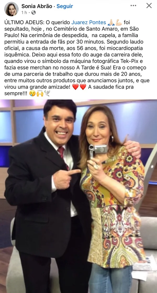 Sonia Abrão detalha velório de Juarez Pontes e lembra parceria na TV - destaque galeria