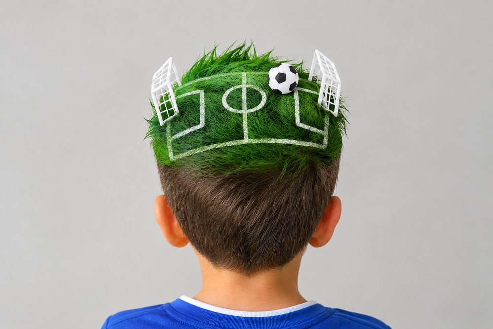 Campo de futebol no cabelo para o dia do cabelo maluco — Foto: Imagem gerada por IA/OpenAI