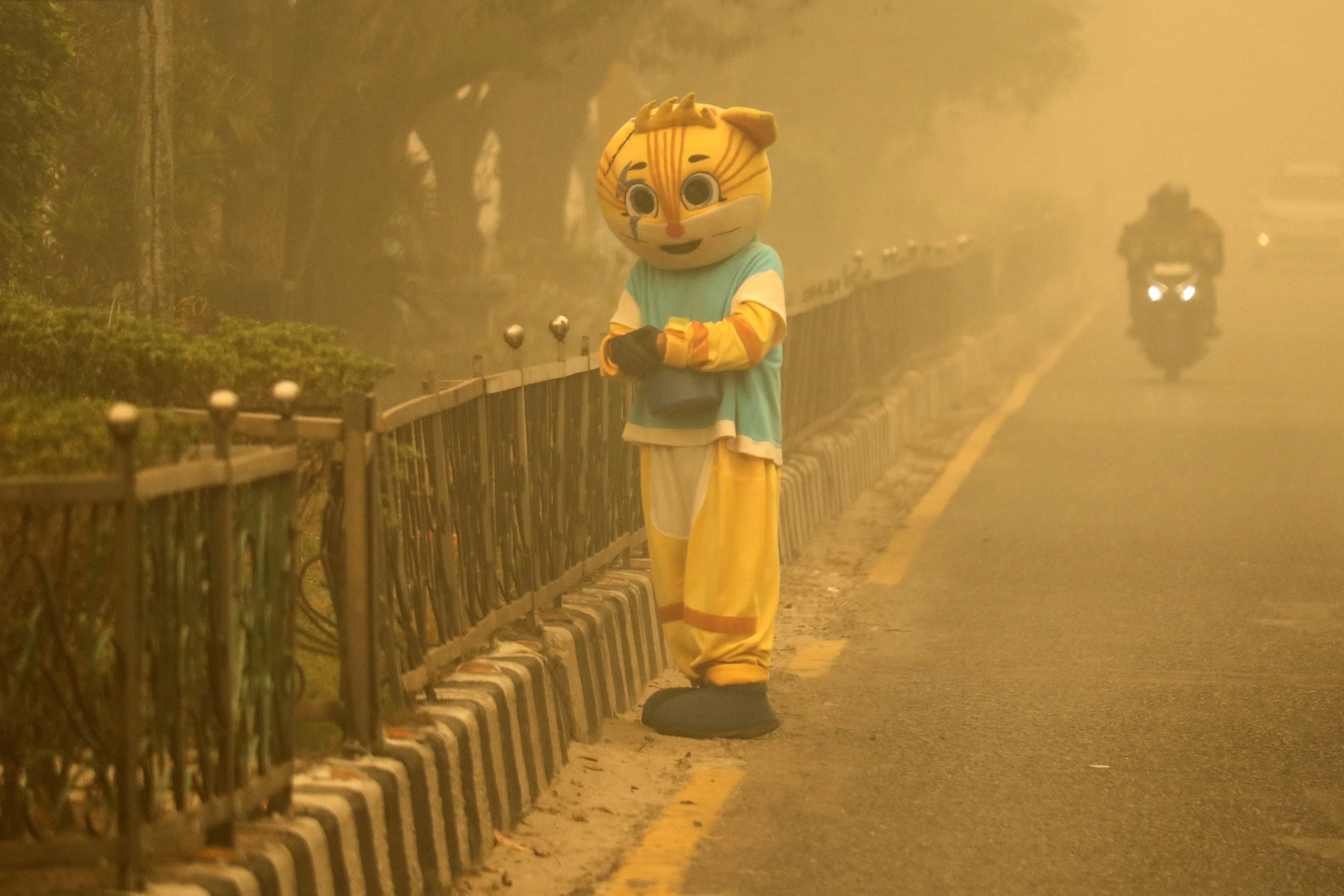 TOPSHOT - A man dressed in a tiger costume stands at a traffic light to busk amid thick haze from forest and land fires in the region in Palangkaraya, Central Kalimantan, on October 25, 2026. (Photo by REINA / AFP)