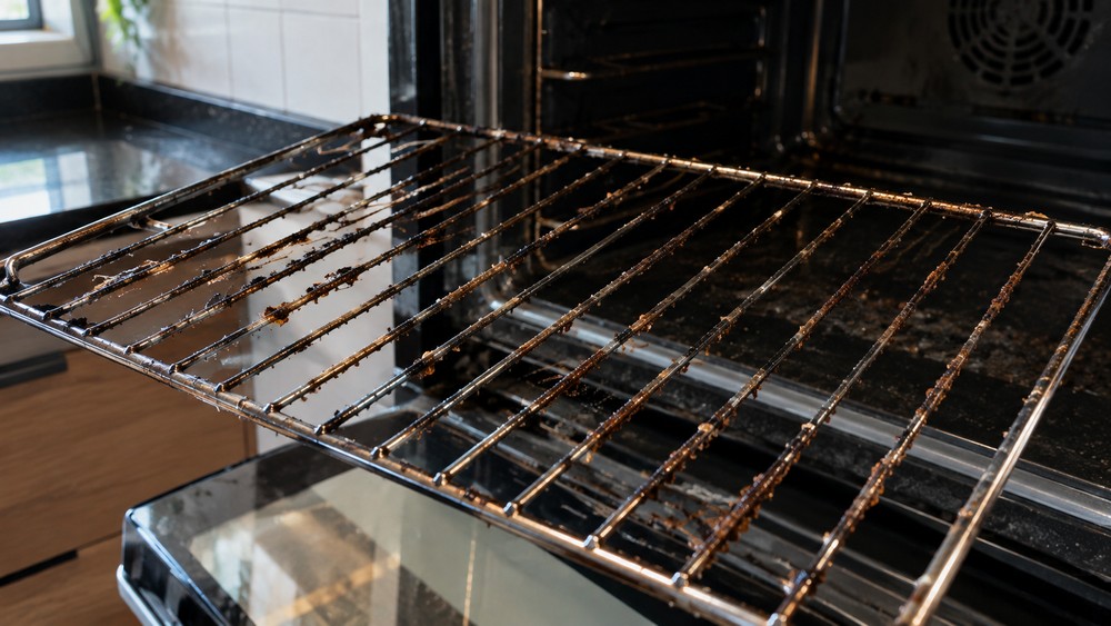 Grades com gordura muito incrustada e restos de alimentos queimados podem exigir um produto específico — Foto: Imagem gerada por IA