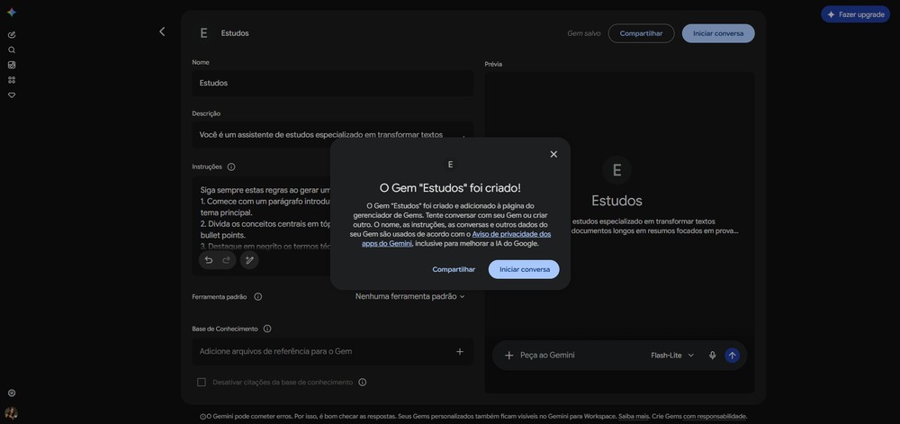Passo a passo para gerar um agente de IA com o Gemini — Foto: Reprodução/Erika Martins